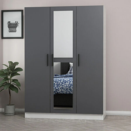 Minar Kale 3 Kapaklı 1 Aynalı 2 Çekmeceli Dolap Beyaz Antrasit 190CM