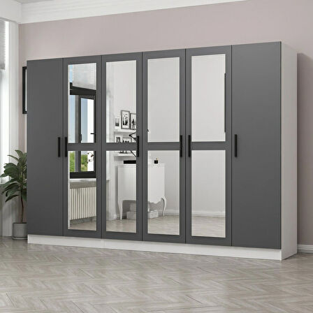 Minar Kale 6 Kapaklı 4 Aynalı 2 Çekmeceli Dolap Beyaz Antrasit 190CM