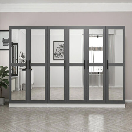 Minar Kale 6 Kapaklı 6 Aynalı 2 Çekmeceli Dolap Beyaz Antrasit 190CM