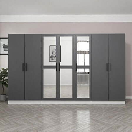 Minar Kale 7 Kapaklı 3 Aynalı 2 Çekmeceli Dolap Beyaz Antrasit 190CM