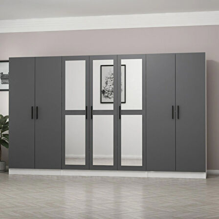 Minar Kale 7 Kapaklı 3 Aynalı 2 Çekmeceli Dolap Beyaz Antrasit 190CM