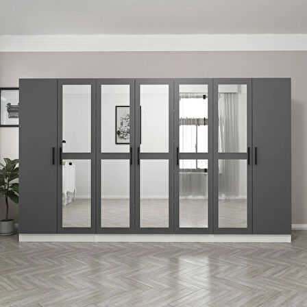 Minar Kale 7 Kapaklı 5 Aynalı 2 Çekmeceli Dolap Beyaz Antrasit 190CM