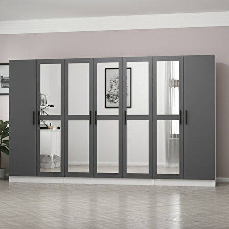 Minar Kale 7 Kapaklı 5 Aynalı 2 Çekmeceli Dolap Beyaz Antrasit 190CM