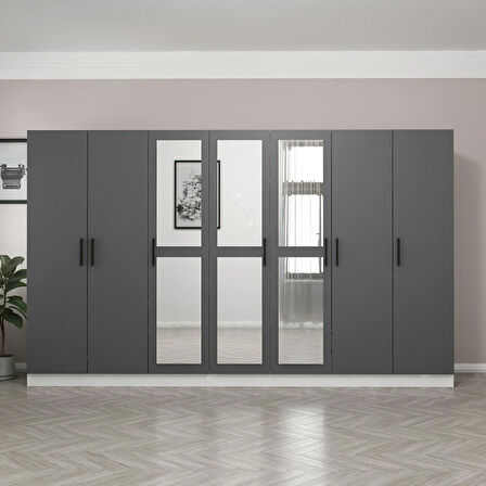 Minar Kale 7 Kapaklı 3 Aynalı 4 Çekmeceli Dolap Beyaz Antrasit 190CM