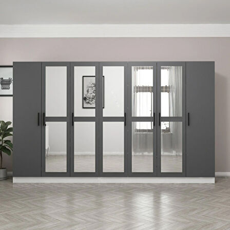 Minar Kale 7 Kapaklı 5 Aynalı 4 Çekmeceli Dolap Beyaz Antrasit 190CM