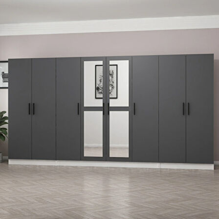 Minar Kale 8 Kapaklı 2 Aynalı 2 Çekmeceli Dolap Beyaz Antrasit 190CM