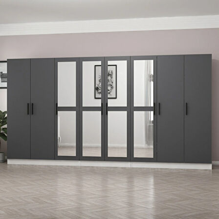 Kale 8 Kapaklı 4 Aynalı 4 Çekmeceli Dolap Beyaz Antrasit 190CM