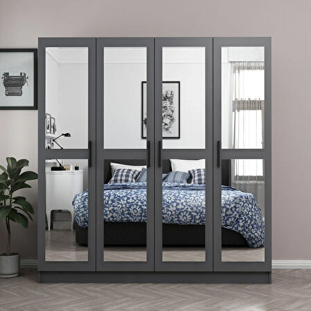 Minar Kale 4 Kapaklı 4 Aynalı 2 Çekmeceli Dolap Antrasit 190CM