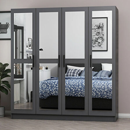 Minar Kale 4 Kapaklı 4 Aynalı 2 Çekmeceli Dolap Antrasit 190CM