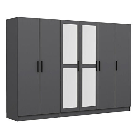 Minar Kale 6 Kapaklı 2 Aynalı 2 Çekmeceli Dolap Antrasit 190CM