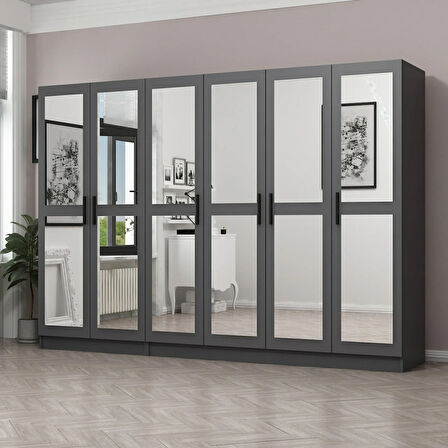 Minar Kale 6 Kapaklı 6 Aynalı 2 Çekmeceli Dolap Antrasit 190CM