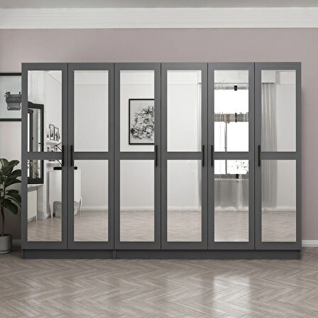 Minar Kale 6 Kapaklı 6 Aynalı 2 Çekmeceli Dolap Antrasit 190CM