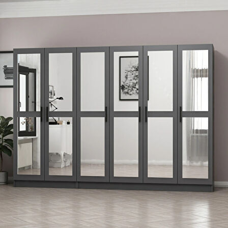 Minar Kale 6 Kapaklı 6 Aynalı 2 Çekmeceli Dolap Antrasit 190CM