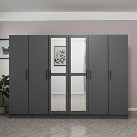 Minar Kale 6 Kapaklı 2 Aynalı 4 Çekmeceli Dolap Antrasit 190CM