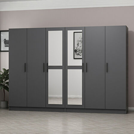 Minar Kale 6 Kapaklı 2 Aynalı 4 Çekmeceli Dolap Antrasit 190CM