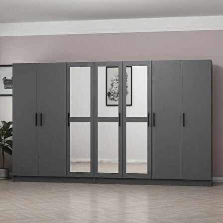 Minar Kale 7 Kapaklı 3 Aynalı 4 Çekmeceli Dolap Antrasit 190CM