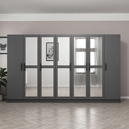 Minar Kale 7 Kapaklı 5 Aynalı 4 Çekmeceli Dolap Antrasit 190CM