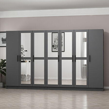 Minar Kale 7 Kapaklı 5 Aynalı 4 Çekmeceli Dolap Antrasit 190CM