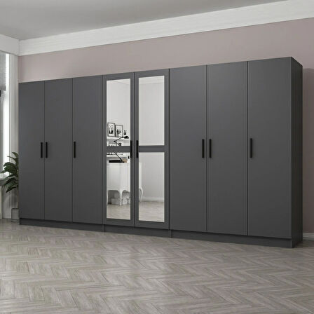 Minar Kale 8 Kapaklı 2 Aynalı 4 Çekmeceli Dolap Antrasit 190CM