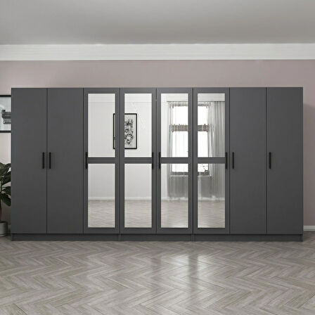 Minar Kale 8 Kapaklı 4 Aynalı 4 Çekmeceli Dolap Antrasit 190CM