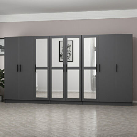 Minar Kale 8 Kapaklı 4 Aynalı 4 Çekmeceli Dolap Antrasit 190CM