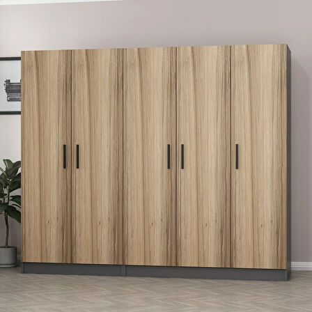 Minar Kale 5 Kapaklı 2 Çekmeceli Dolap Antrasit Dore 190CM