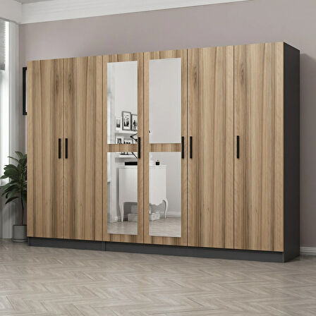 Minar Kale 6 Kapaklı 2 Aynalı 2 Çekmeceli Dolap Antrasit Dore 190CM