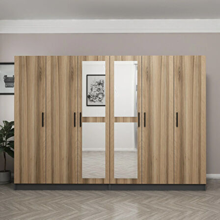 Minar Kale 6 Kapaklı 2 Aynalı 4 Çekmeceli Dolap Antrasit Dore 190CM