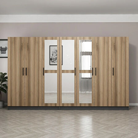 Minar Kale 7 Kapaklı 3 Aynalı 4 Çekmeceli Dolap Antrasit Dore 190CM