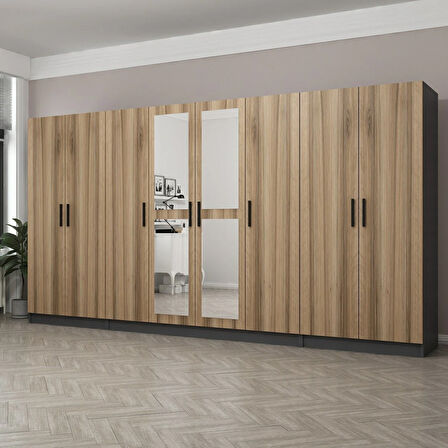 Minar Kale 8 Kapaklı 2 Aynalı 2 Çekmeceli Dolap Antrasit Dore 190CM