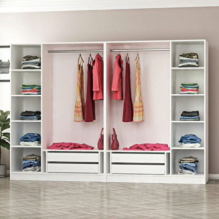 Minar Kale 6 Bölmeli 4 Çekmeceli Giyinme Dolabı Beyaz 210CM