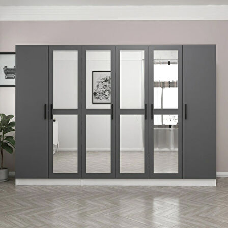 Minar Kale 6 Kapaklı 4 Aynalı 2 Çekmeceli Dolap Beyaz Antrasit 210CM