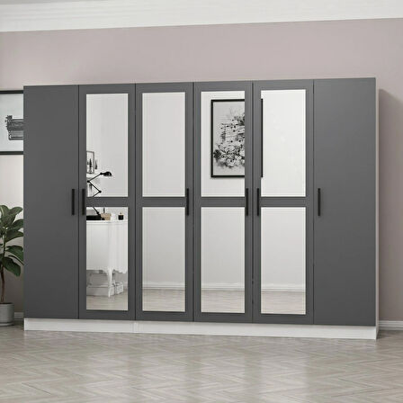 Minar Kale 6 Kapaklı 4 Aynalı 2 Çekmeceli Dolap Beyaz Antrasit 210CM