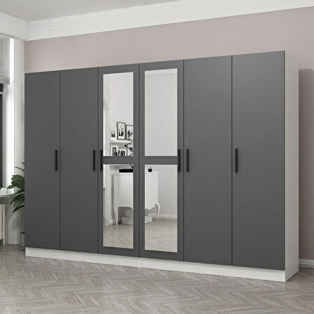 Minar Kale 6 Kapaklı 2 Aynalı 4 Çekmeceli Dolap Beyaz Antrasit 210CM