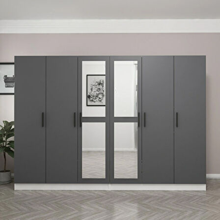 Minar Kale 6 Kapaklı 2 Aynalı 4 Çekmeceli Dolap Beyaz Antrasit 210CM