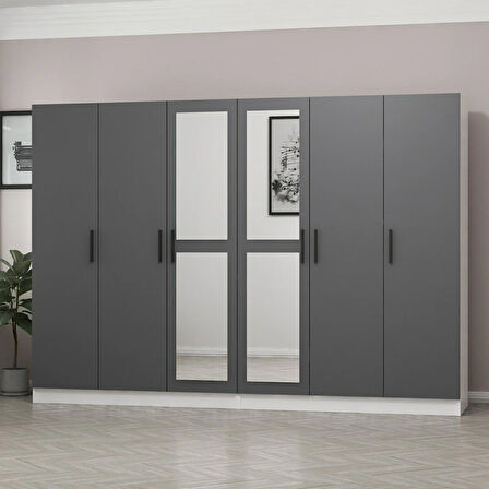 Minar Kale 6 Kapaklı 2 Aynalı 4 Çekmeceli Dolap Beyaz Antrasit 210CM