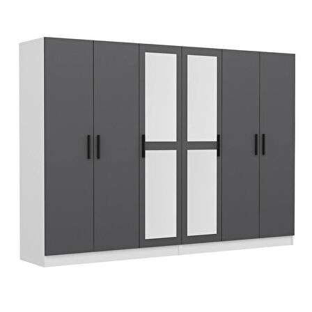 Minar Kale 6 Kapaklı 2 Aynalı 4 Çekmeceli Dolap Beyaz Antrasit 210CM