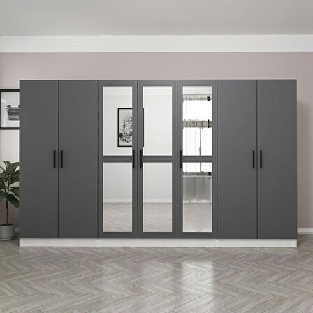 Minar Kale 7 Kapaklı 3 Aynalı 2 Çekmeceli Dolap Beyaz Antrasit 210CM