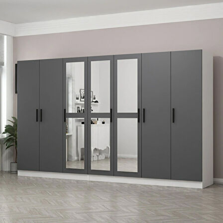 Minar Kale 7 Kapaklı 3 Aynalı 4 Çekmeceli Dolap Beyaz Antrasit 210CM