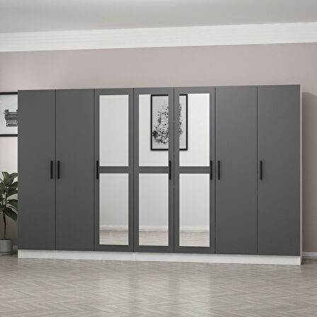 Minar Kale 7 Kapaklı 3 Aynalı 4 Çekmeceli Dolap Beyaz Antrasit 210CM