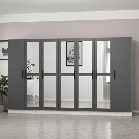 Minar Kale 7 Kapaklı 5 Aynalı 4 Çekmeceli Dolap Beyaz Antrasit 210CM