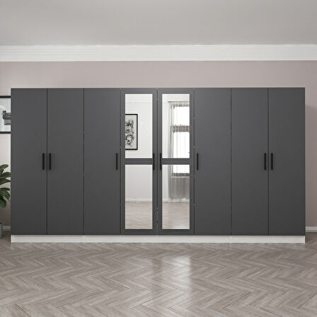 Minar Kale 8 Kapaklı 2 Aynalı 2 Çekmeceli Dolap Beyaz Antrasit 210CM