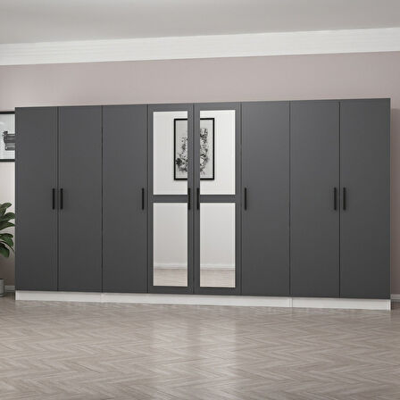 Minar Kale 8 Kapaklı 2 Aynalı 2 Çekmeceli Dolap Beyaz Antrasit 210CM