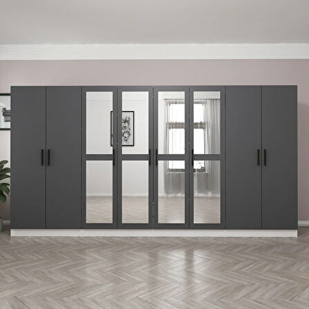 Minar Kale 8 Kapaklı 4 Aynalı 2 Çekmeceli Dolap Beyaz Antrasit 210CM