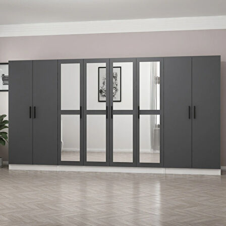 Minar Kale 8 Kapaklı 4 Aynalı 2 Çekmeceli Dolap Beyaz Antrasit 210CM