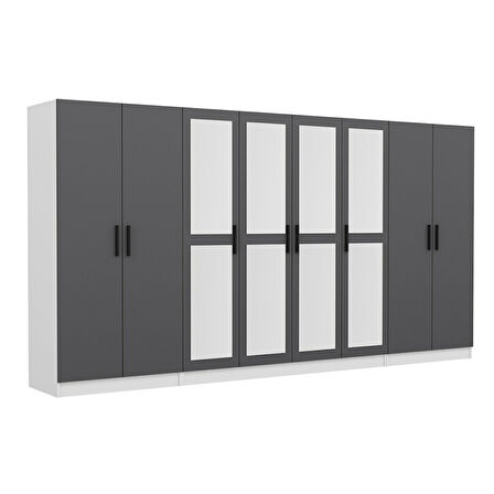 Minar Kale 8 Kapaklı 4 Aynalı 2 Çekmeceli Dolap Beyaz Antrasit 210CM