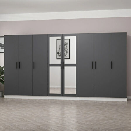 Minar Kale 8 Kapaklı 2 Aynalı 4 Çekmeceli Dolap Beyaz Antrasit 210CM