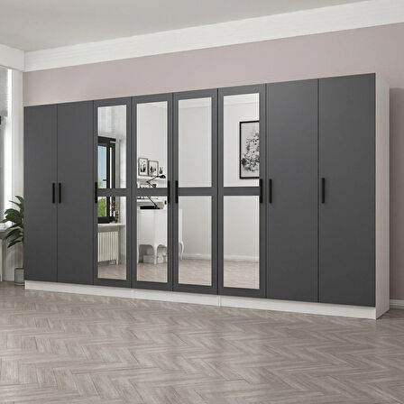 Kale 8 Kapaklı 4 Aynalı 4 Çekmeceli Dolap Beyaz Antrasit 210CM