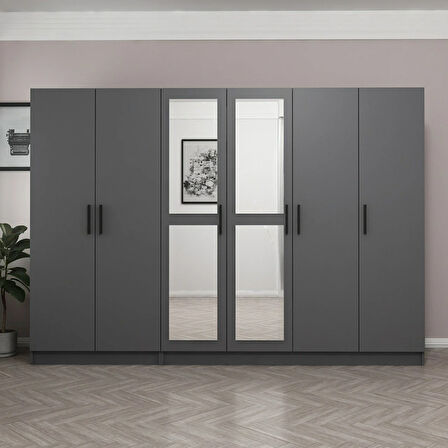 Minar Kale 6 Kapaklı 2 Aynalı 2 Çekmeceli Dolap Antrasit 210CM