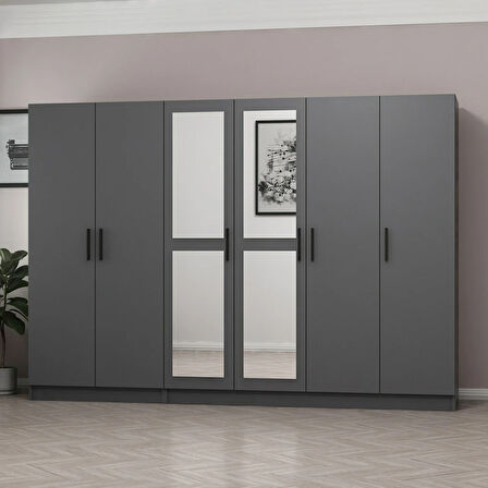 Minar Kale 6 Kapaklı 2 Aynalı 2 Çekmeceli Dolap Antrasit 210CM